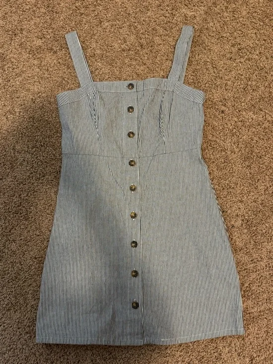 Hollister Navy and White Pinstripe Button-Front Mini Dress Size Medium - Picture 2 of 7